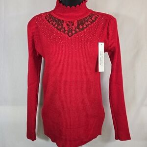 Red Ribbed Turtle Neck Sweater with Mesh And Rhinestone Detail
